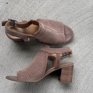 Franco Sarto Slingback Perforated Taupe/Tan Suede Block Heel Sandals 7.5